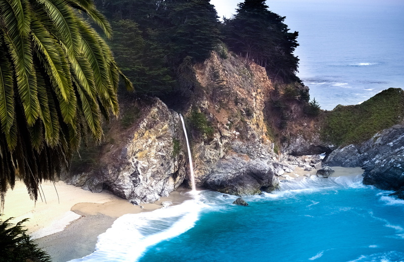 plant, sea, seashore, waterfall, seascape, 4K, near, mountain, rock - object, land, beauty in nature, outdoors, rocky, non-urban scene, cliffs, island