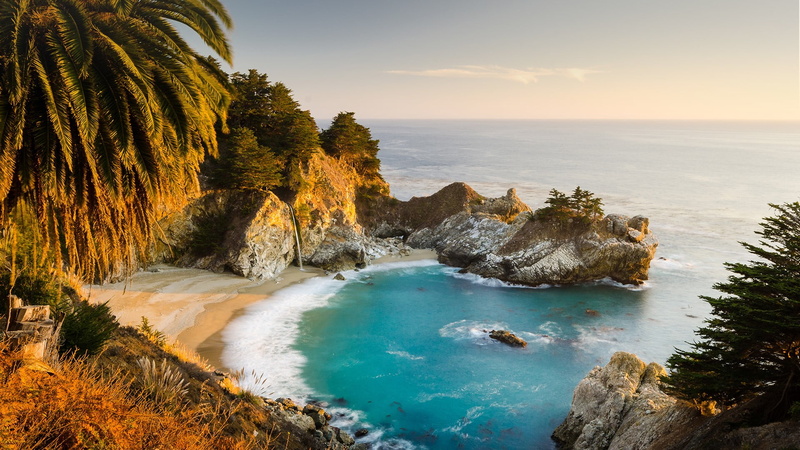 landscape, sunset, plants, nature, sky, waves, coast, rocks, horizon, McWay Falls, sand, trees, USA, clouds, California, beach, 1080P