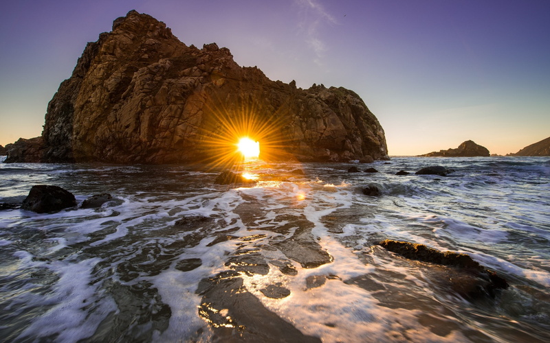 sunlight, nature, rock, sea, landscape, Pfeiffer Beach, waves, 2K, sunset, California