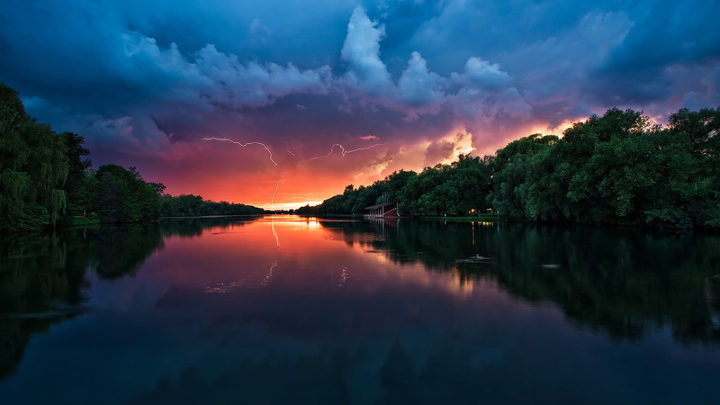 reflection lake, non-urban scene, sunset, body, digital art, trees, 1080P, tree, scenics - nature, orange color, nature, beauty in nature, plant, waterfront