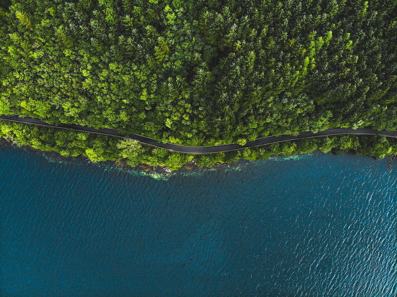 outdoors, landscape, sea, summer, wet, road, ocean, freshness, forest, tree, river, woodland, 4K, body, lake, drone view, environment, blue, shore, photo