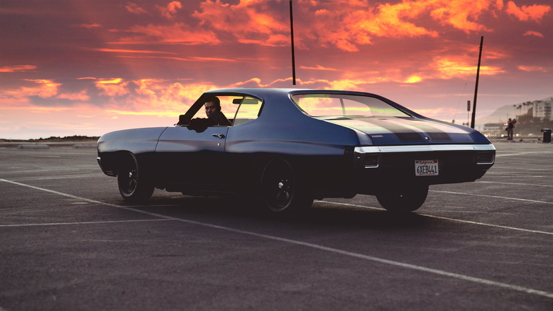 beach, one person, motor vehicle, chevelle, outdoors, dusk, car, motion, mode of transportation, nature, chevy, black, montez, road, sunset, muscle car