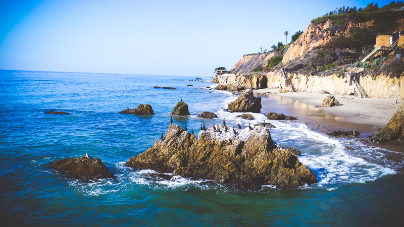tranquil scene, cliff, day, no people, rock formation, wildlife, beach, water, beauty in nature, rock, los angeles, el matador state beach, 4K, clear sky