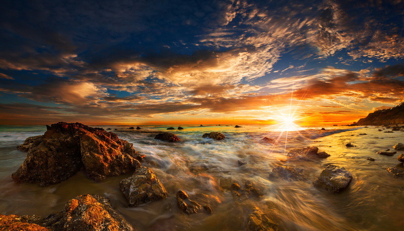 dawn, the sky, 2K, Malibu, USA, clouds, coast, horizon, El Matador State Beach, the sun, sea, rays, beach, surf, stones