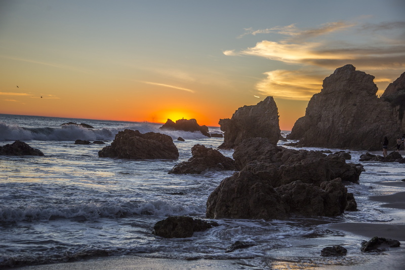 horizon, wafe, wave, roca, sun, mar, sky, beauty in nature, scenics - nature, solid, ca, malibu, californium, senset, sea, rock, flowing water, stones