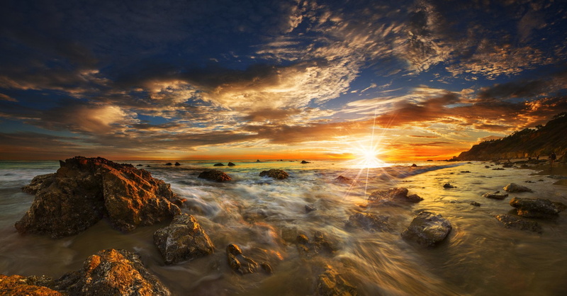 no people, Sunbeam, Sunset, Nature, Horizon, solid, Ocean, tranquil scene, sun, rock - object, orange color, land, tranquility, idyllic, Earth, Sunrise