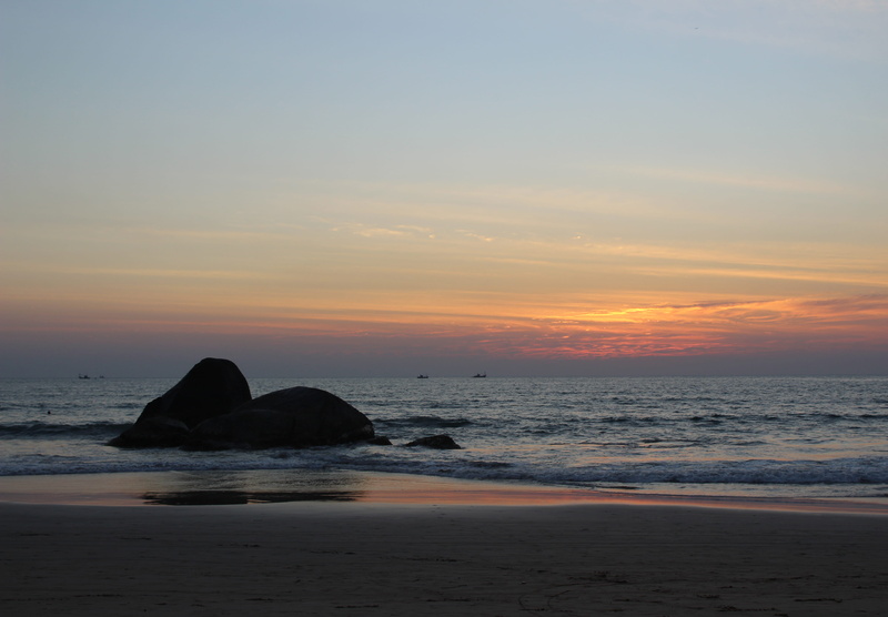 goa, tranquil scene, india, beauty in nature, outdoors, sunset, stones, agonda, motion, tropical, horizon, scenics - nature, orange color, beach, sky, rock