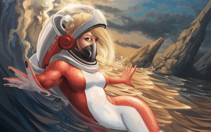 sea, sunset, wave, rocks, scuba, 1080P, girl, costume, future, art