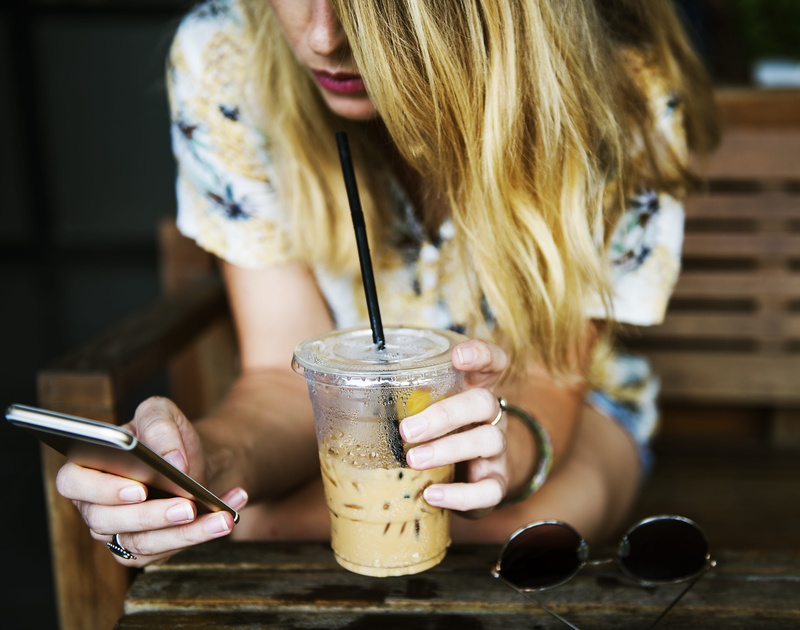 holding, liquid, beverage, woman, drink, sipping, indoors, communicate, human hand, internet, sitting, haired, online, 5K, drinking straw, drinks, chill out
