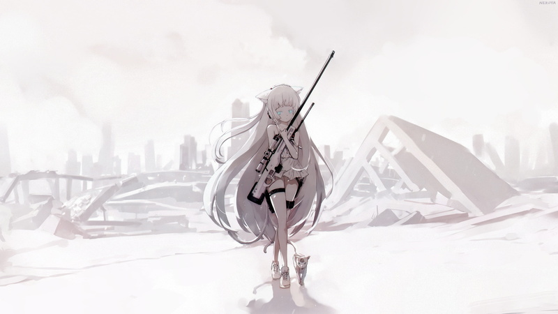 white, catgirl, animal, ears, cat, creativity, eyes, gun, aqua, 262753, representation, dress, hair, white color, architecture, lifestyles, ruins, konachan