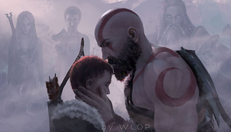 arrows, Athena, Atreus, tattoo, Zeus, bow, weapons, digital art, warrior, game, man, 1080P, fantasy art, God of War, artwork, Wlop, fantasy, beard, Boi