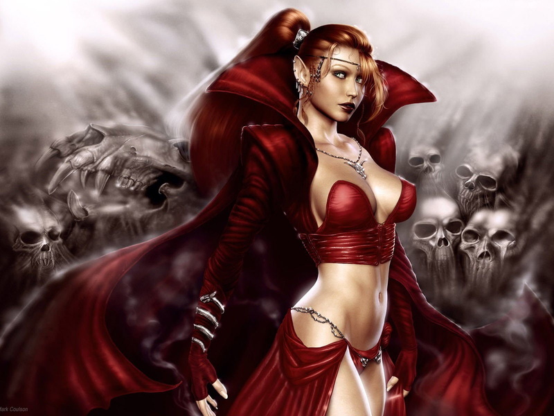 woman, art, Gothic, 720P, skull, worrior, red