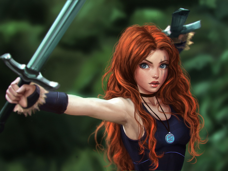 hairstyle, sword, dyed red hair, tree, beautiful woman, young women, redhead, portrait, warrior, long hair, one person, females, beautiful people, looking at camera