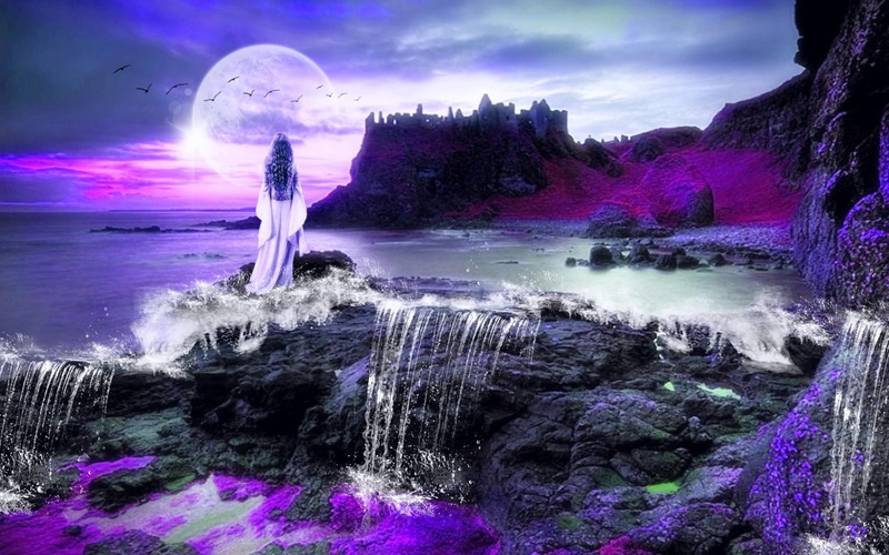 contrast, wearing, 1080P, long, woman, illustration, lady, falls, celtic, moon, princess, dress, standing, white, 3d and abstract, purple