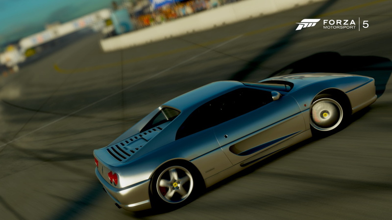high angle view, city, sport, focus on foreground, video games, mode of transportation, 1080P, vehicle, Ferrari 355, text, blurred motion, luxury