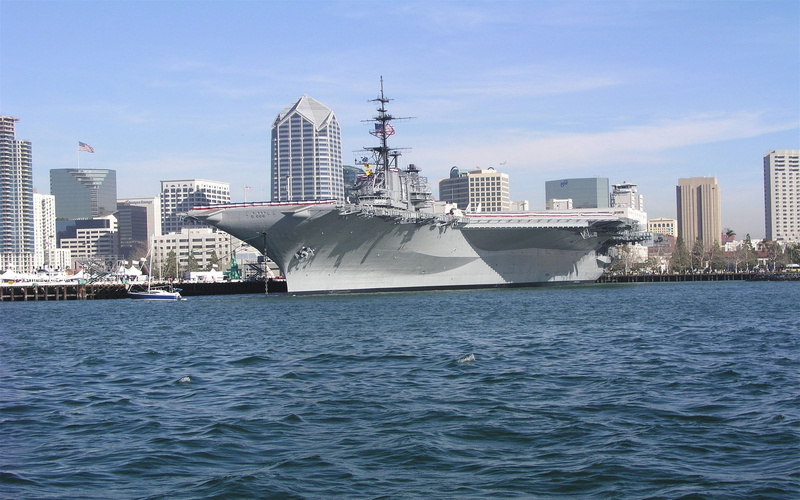 building exterior, financial district, no people, day, battleship, white, military, sky, carrier, sea, famous Place, navy, harbor, architecture, california