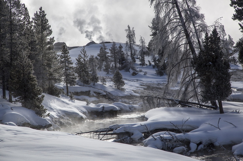 landscape, non-urban scene, beauty in nature, photo, tranquil scene, firehole river, scenic, snowcapped mountain, land, environment, winter, steam, water