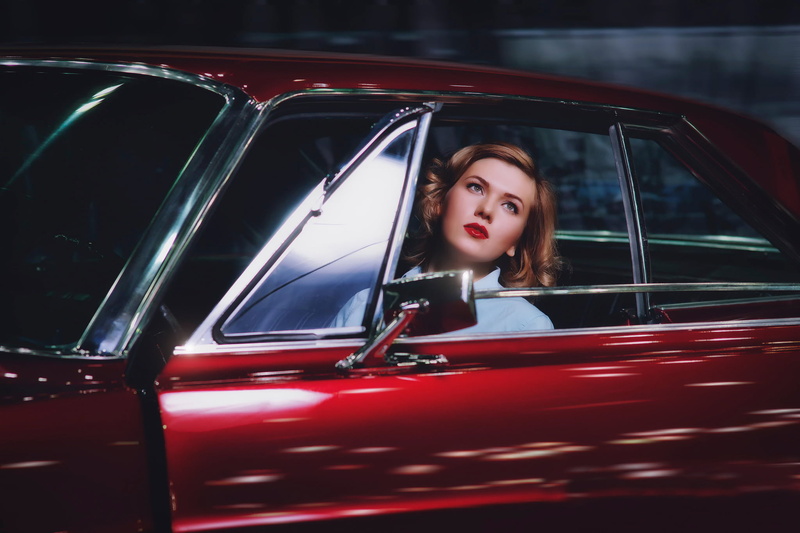 young adult, real people, red, young women, 1080P, transportation, one person, Anna Kalashnikova, motor vehicle, retro, beautiful woman, portrait, Ford Galaxy Lowrider
