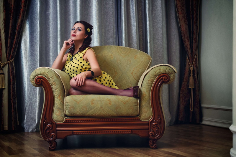 fashion, long hair, beauty, woman, eyes, hair, contemplation, 4K, interior, furniture, home interior, one person, youth, erotic, pin up girl, cozy, clothing