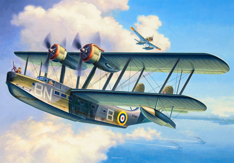 ships, scout, Supermarine andquot;Strainerandquot;, military, aircraft, clouds, 1080P, art, flying, basic, boat, Supermarine Stranraer, WW2, sea, Arado Ar 196