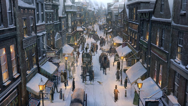 downtown, people, 1080P, street lights, streetlight, snow, building exterior, high angle view, illuminated, alley, architecture, christmas, snowing, street