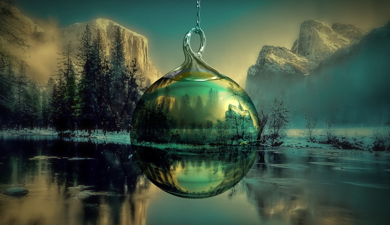 reflections, forest, in the, mystery, digital, fantasy, sphere, ball, water, sunset, trees, yosemite park, christmas ornament, purity, sky, christmas, glass - material