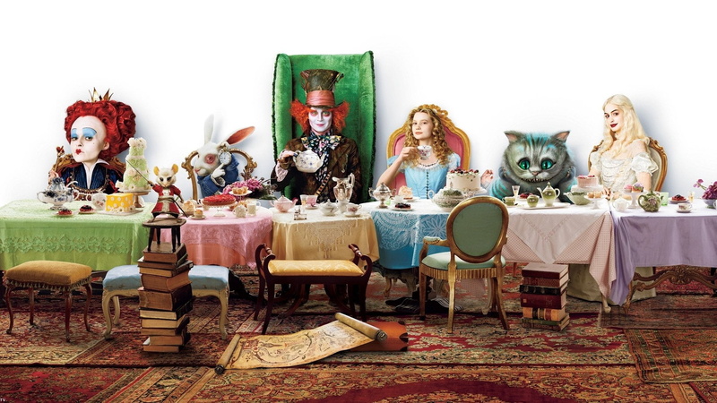 craft, Alice (Alice in Wonderland), White Queen (Alice in Wonderland), seat, choice, Helena Bonham Carter, Cheshire Cat, indoors, table, paintings, female likeness