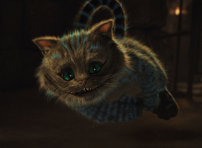 alice, 2010 alice in wonderland, animal head, feline, mammal, whisker, animal eye, focus on foreground, black background, Movies, close-up, cat, Alice In Wonderland
