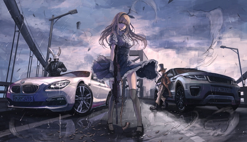 uniform, cloud - sky, mode of transportation, motor vehicle, Mad Hatter, gun, day, communication, people, nature, anime, women, Alice in Wonderland, occupation