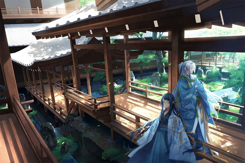outdoors, water, adult, Asian architecture, built structure, women, anime girls, day, front view, 00111 (Artist), real people, architecture, building exterior