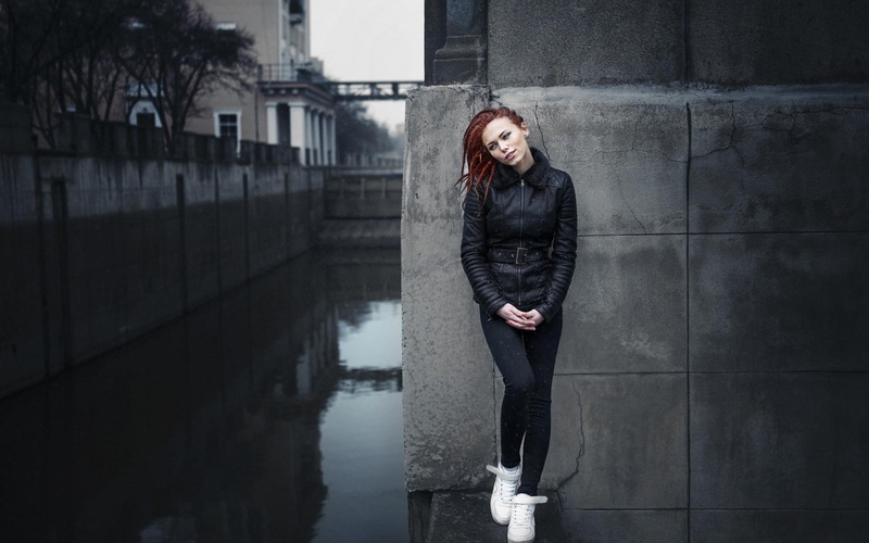 young adult, beauty, jacket, s, standing, black, leather, portrait, front view, real people, building exterior, architecture, adult, 720P, looking at camera