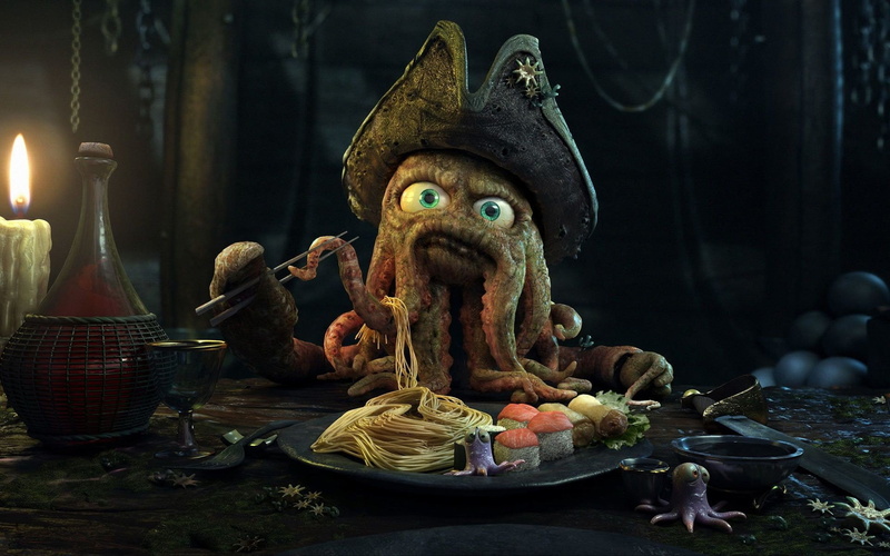 1080P, art, jones, funny, dinner, davy, digital, octopuses