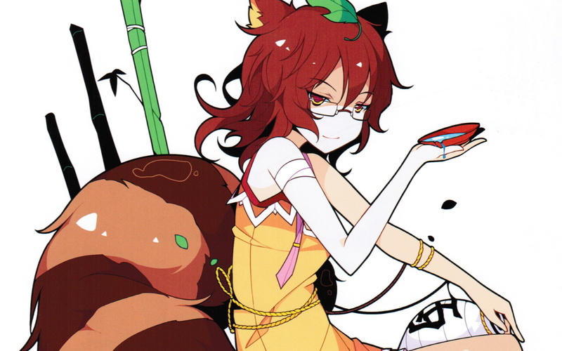 ideolo, sake, sitting, ropes, background, leaves, white, meganekko, games, glasses, short, simple, hair, sakazuki, mamizou, tails, touhou, animal, video