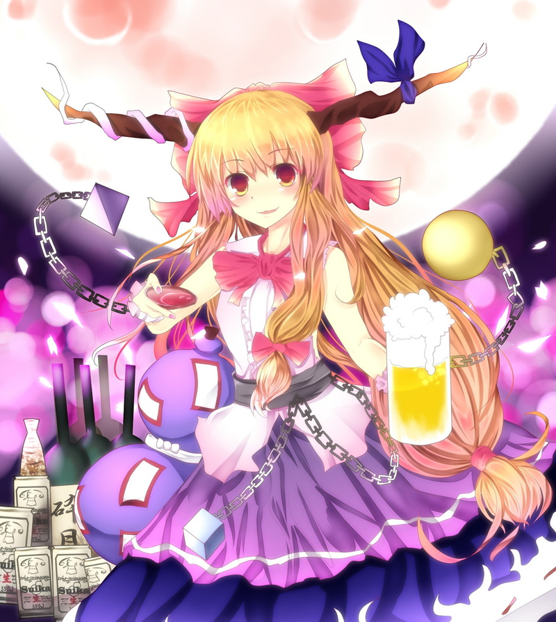 ibuki, 720P, long, touhou, suika, moon, women, sakazuki, blossoms, cups, alcohol, sake, glass, hair, flowers, cherry, night, blondes, horns