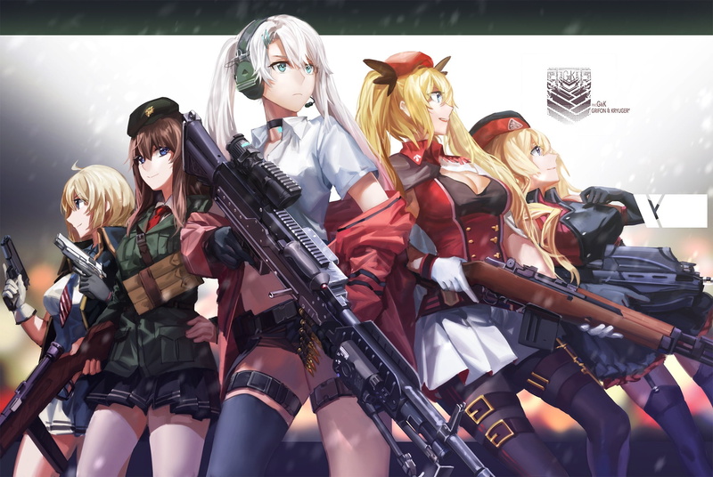 uniform, .45 Colt, FN F2000, blonde, Mauser Kar98k, white hair, Colt, M240, gun, Trijicon ACOG, anime girls, brunette, headphones, cleavage, weapon, Remington 700