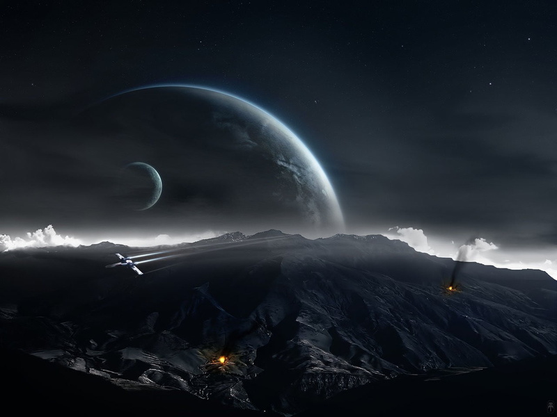 power in nature, space art, digital art, lightning, storm, Star Wars, mountain range, environment, 720P, planet, no people, mountain, dark, space, night