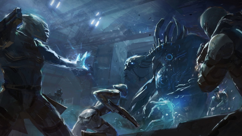 Liara TSoni, art and craft, reflection, illuminated, representation, themed, male likeness, human representation, illustration, Mass Effect, battle, indoors