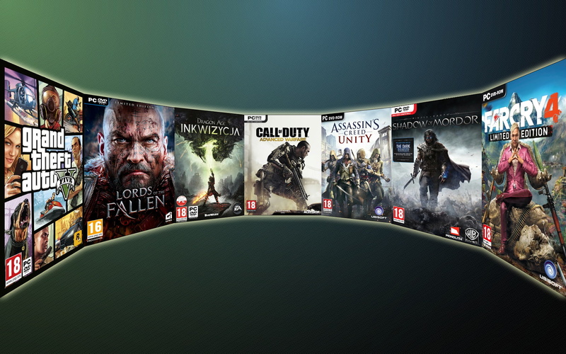 Inquisition, Lords of the Fallen, Call Of Duty: Advanced Warfare, Grand Theft Auto V, Simple Background, collage, earth shadow of mordor, Assassins Creed: Unity