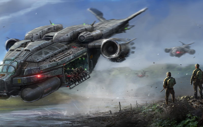helicopter, soldier, mode of transportation, water, plane, futuristic, real people, air vehicle, nature, men, government, people, outdoors, sky