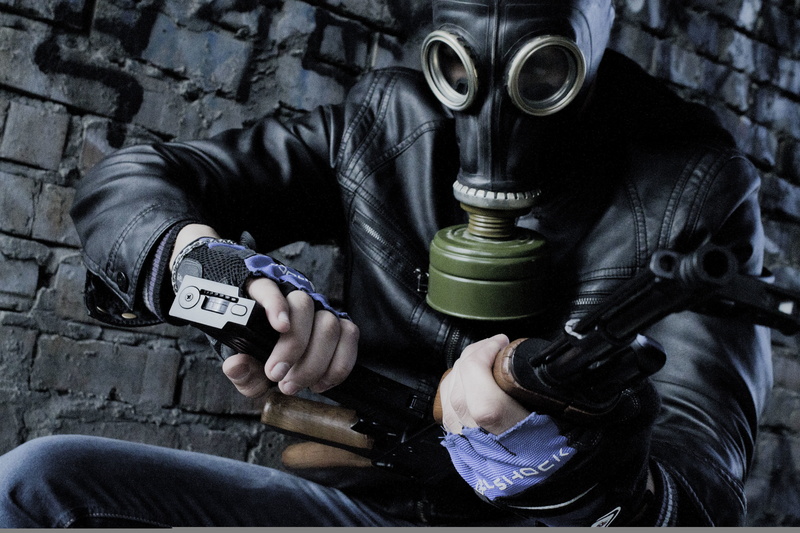 black, security, shop, protection, day, occupation, photographer, weapon, green, jacket, real people, smoke, gas mask, men, protective workwear, adult