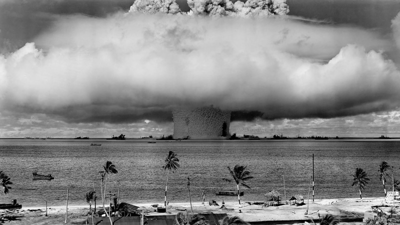 outdoors, atomic bomb, fighting, sign, bombs, 1080P, beach, coconut, warning sign, environment, air pollution, water, pollution, photography, sea, Bikini Atoll