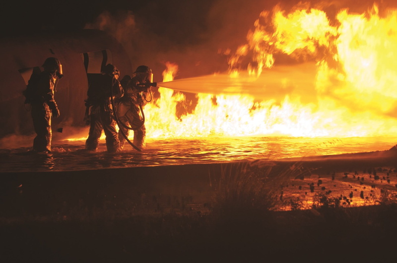 helmet, controlled, military, practice, flames, sunset, real people, firemen, men, nozzle, fighters, holding, rescue worker, airplane, burning, outdoors