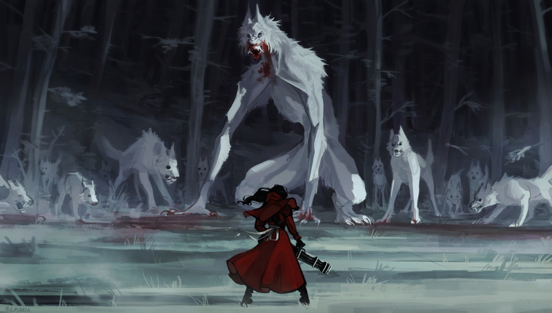 Wolf, Creature, Girl, Red Riding Hood, Creepy, Minigun, Fantasy, Dark, 1080P, Woman Warrior
