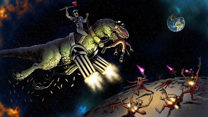 battle, dino, aliens, humor, comics, dinosaurs, 1080P, riders, art, axe, sci, cop, minigun, weapons, guns