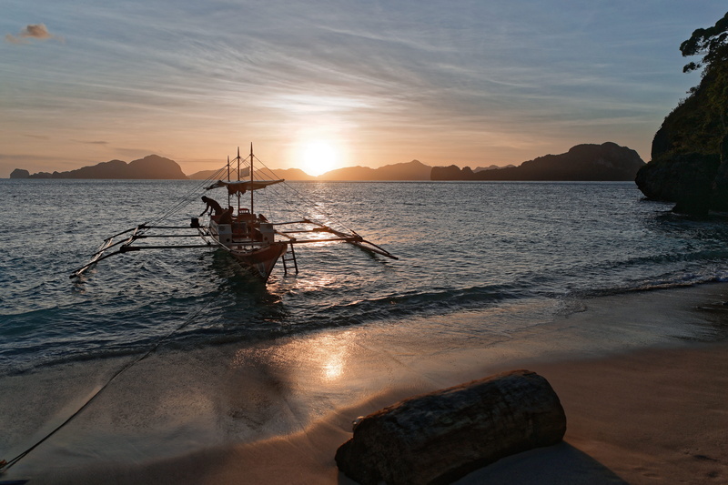 tranquil scene, transportation, sunset, orange color, beauty in nature, water, sea, mode of transportation, nature, philippines, el nido, non-urban scene
