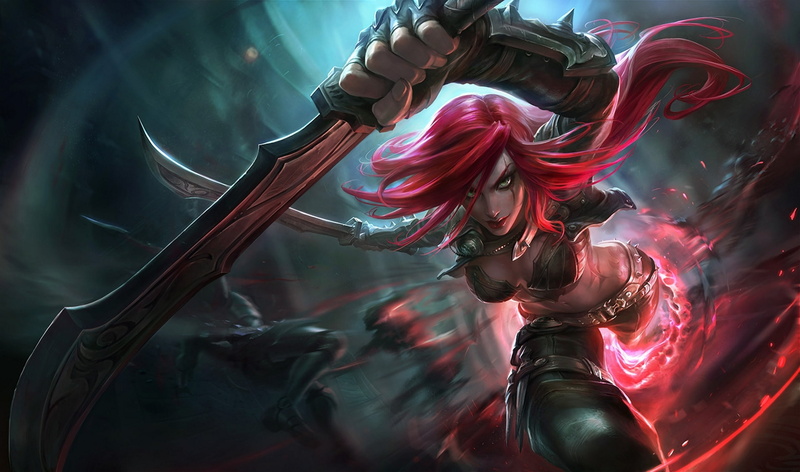 charge, Katarina, figure, jerk, girl, 1080P, the robber, redhead, art, fantasy, blade, Catarina, by AlvinLee, the battle, flame, fight, red, League of Legends