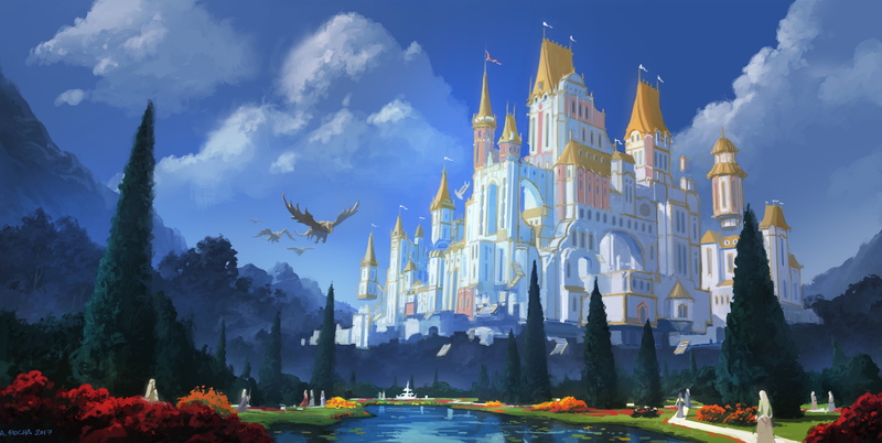 digital art, illustration, concept art, creature, clouds, tower, castle, 4K, garden, flowers, artwork, dragon, fantasy art, people, sky, lake, mountains