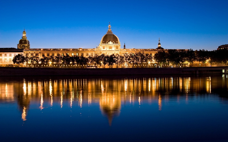 night, bus, river, Europe, lights, Lyon, the evening, 2K, France, journey