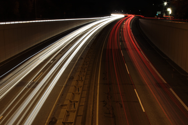 no people, northbound, multiple lane highway, highway, long exposure, mode of transportation, time, red, road, light, lapse, journey, outdoors, speed, evening