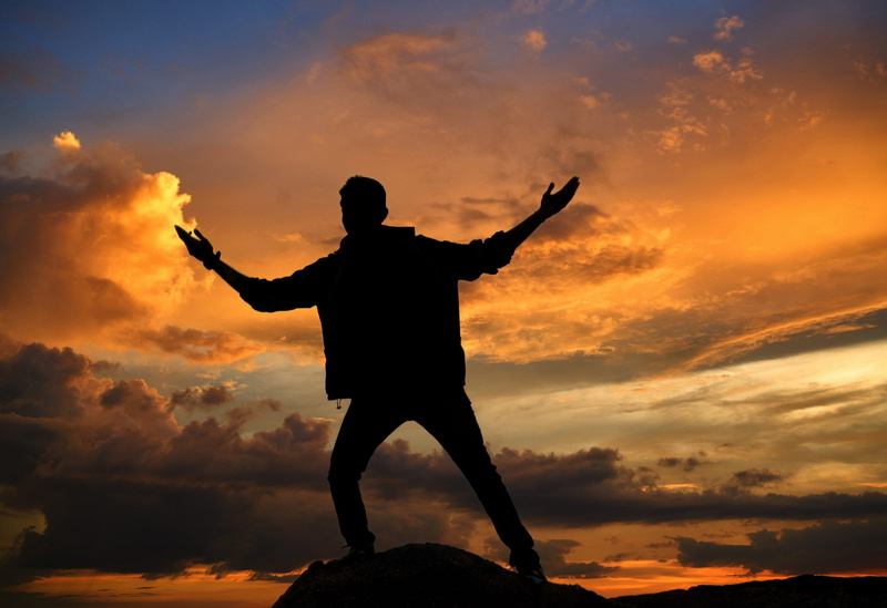 standing, vacations, sun, landscape, men, discovery, pose, sunset, sky, cloud - sky, outdoors, environment, 4K, evening, nature, arms raised, aerial, wild